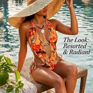 Tropical Floral Cutout One Piece Swimsuit Orange & Brown Halter Tie, Cheeky Fit